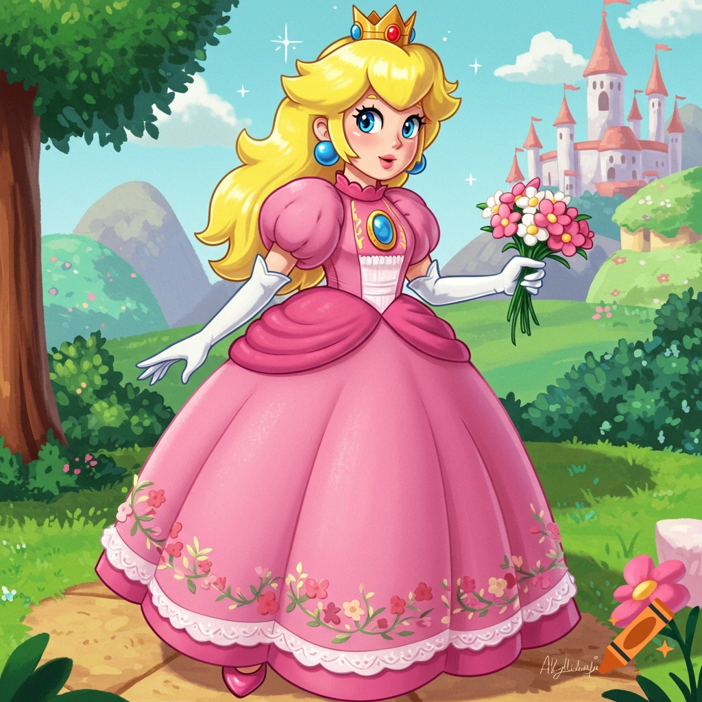 Princess Peach holding flowers in a castle landscape.
