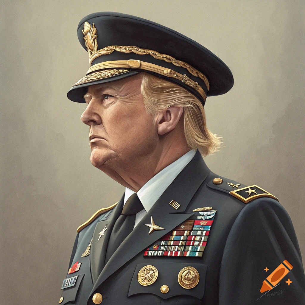 Portrait of Donald Trump wearing a military uniform and hat