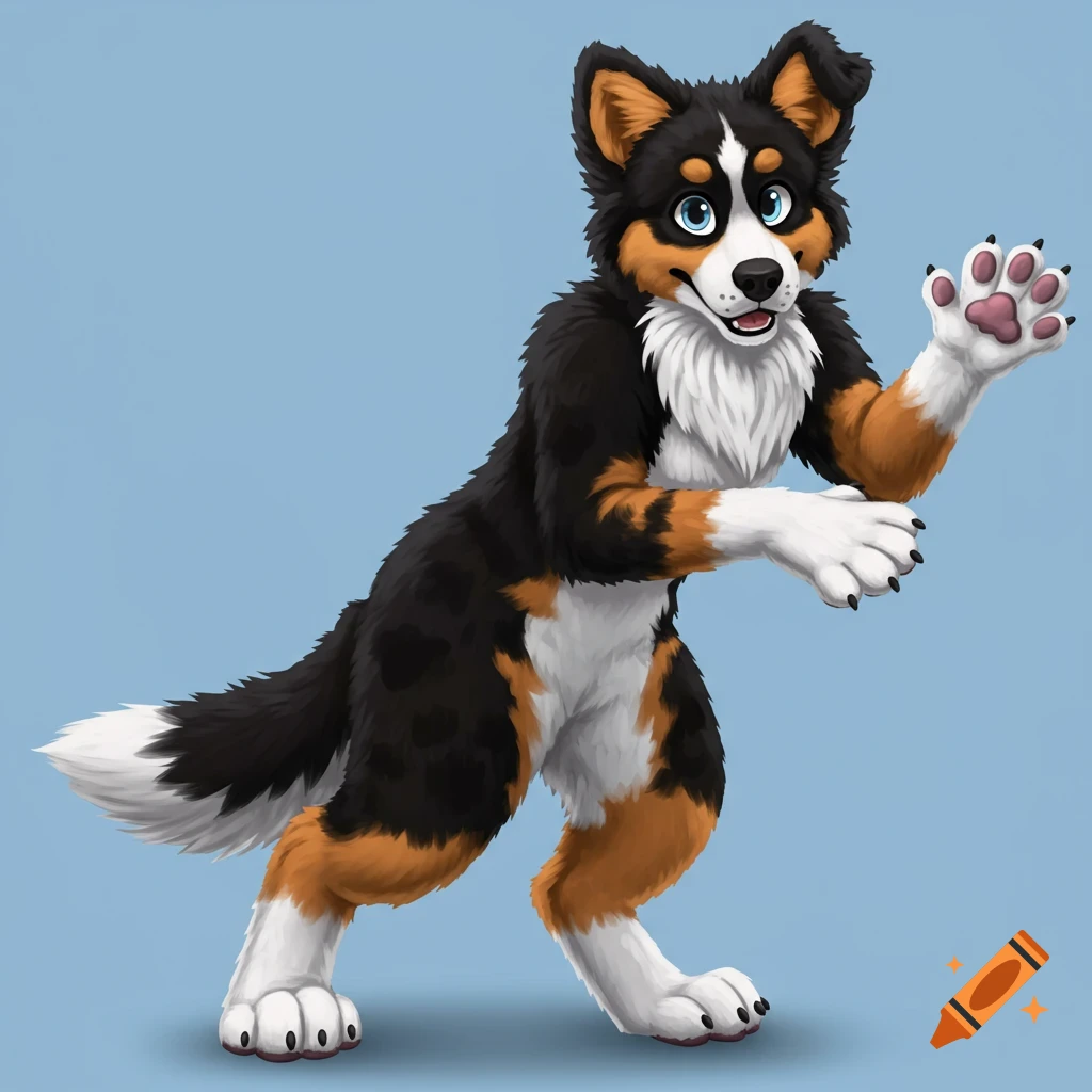A black, white, and tan fursuit character resembling an Australian Shepherd,  standing and waving. on Craiyon, image size:1024x1024