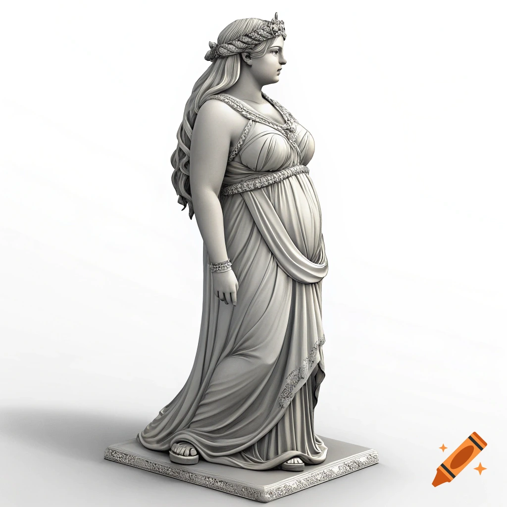 Grey marble statue of a large woman in a draped dress, wearing a wreath, standing on a base.