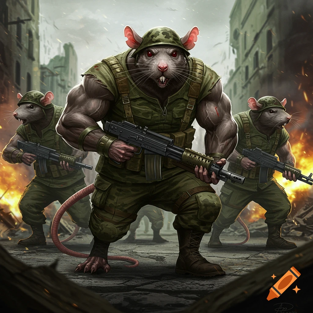Buff anthropomorphic rats in military gear in a warzone.