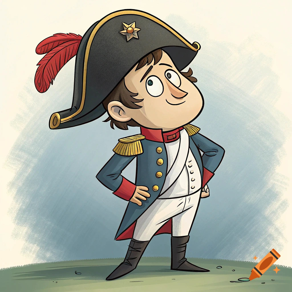 Cartoon of a man in a historical military uniform and bicorne hat