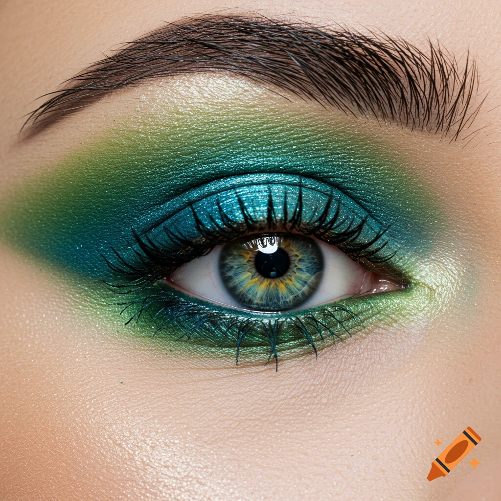 Close up of an eye with green and blue makeup