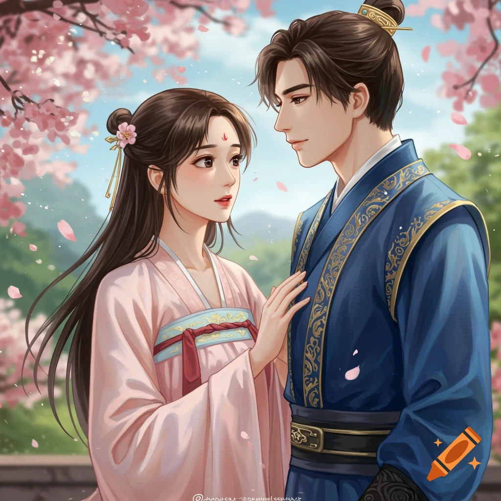 A couple in traditional East Asian clothing under cherry blossoms.