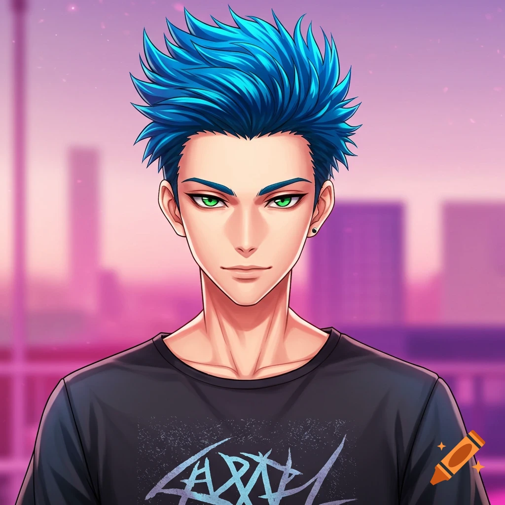 Anime portrait of a man with blue hair, green eyes, and a black t-shirt.