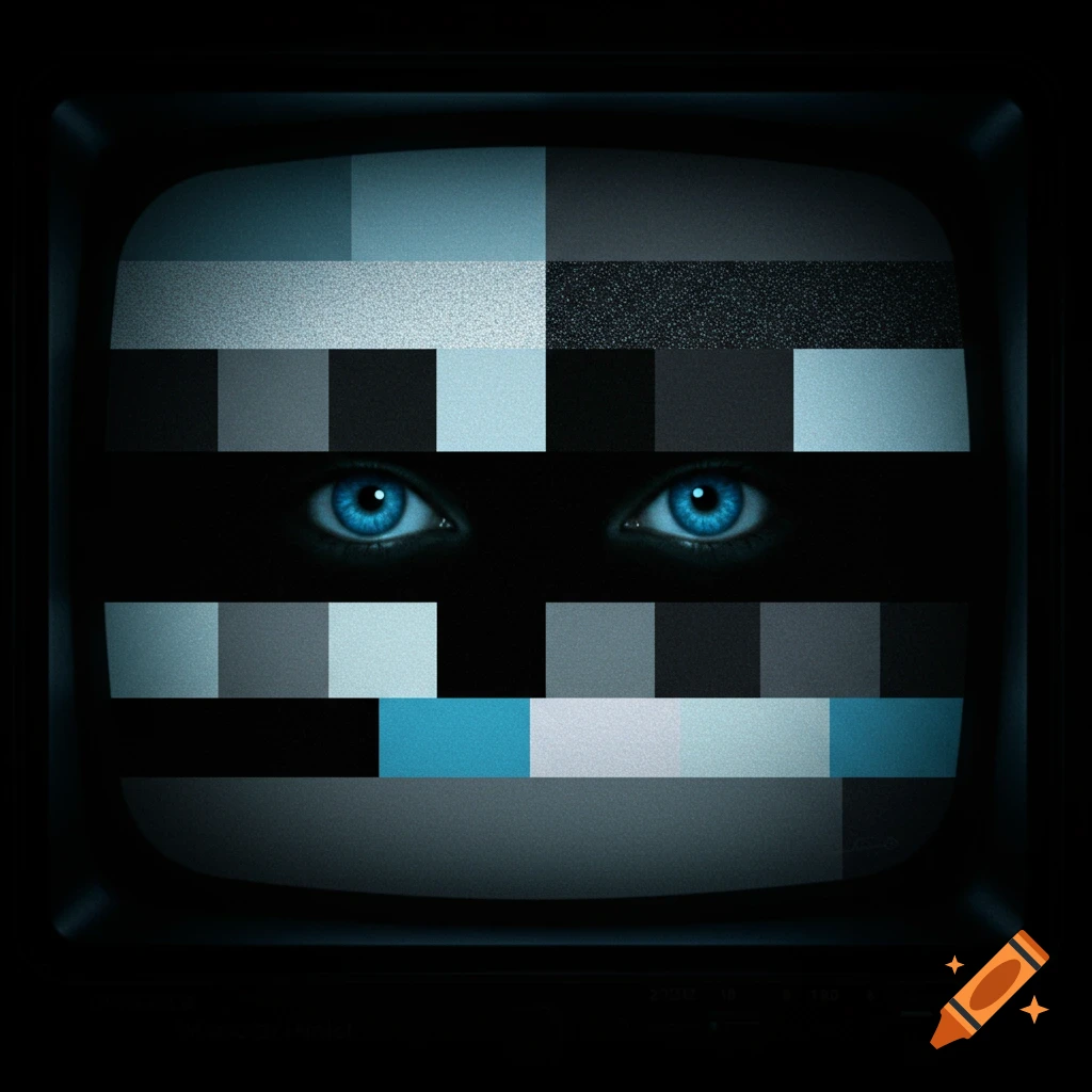 Realistic eyes peer from a vintage television screen displaying a test pattern.