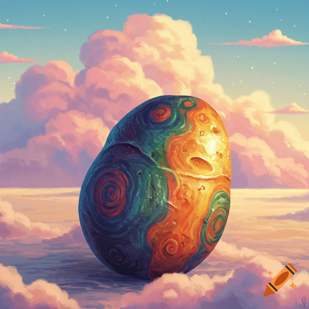 A colorful, abstract, potato-shaped object floats in a cloudy sky.
