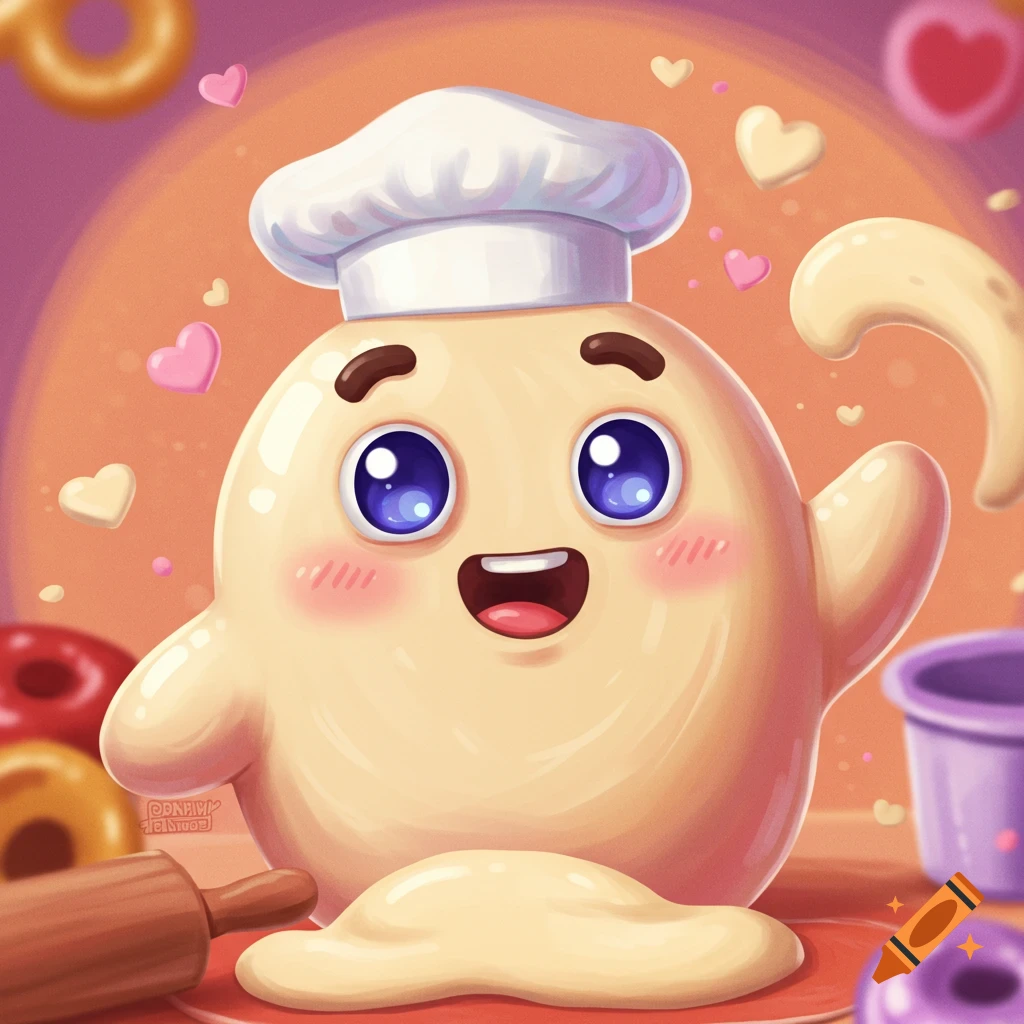 Cute cartoon dough character in a chef hat with dough and donuts.