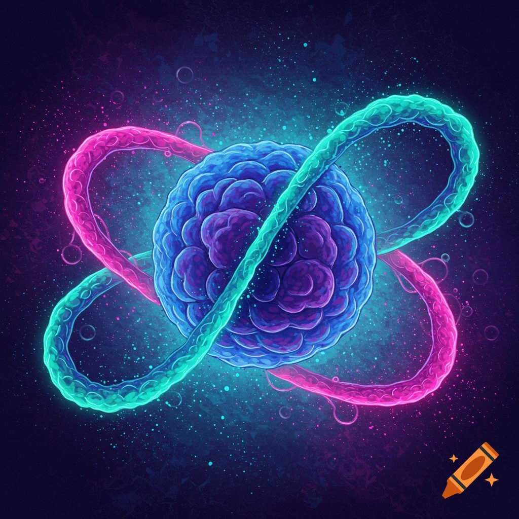 A glowing blue and purple nucleus with pink and teal loops forming an infinity symbol.