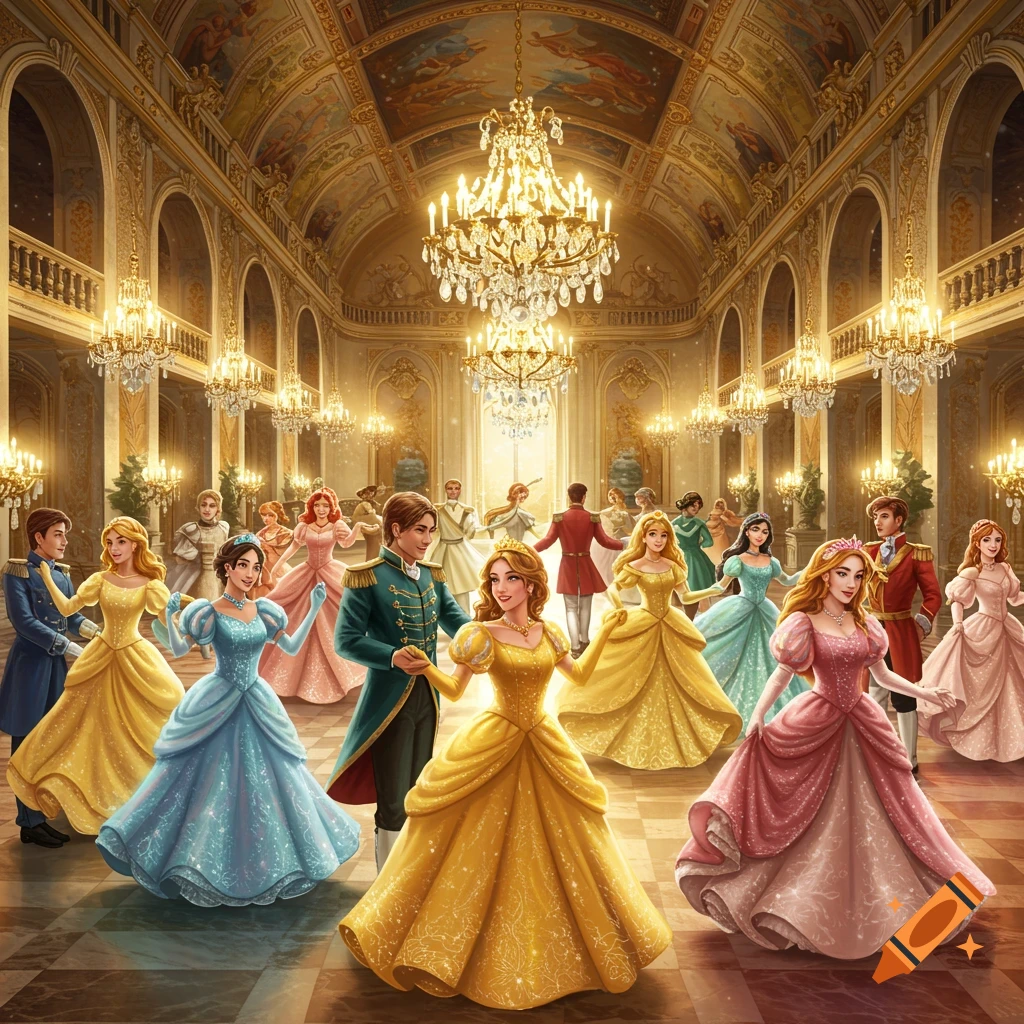 Fairytale couples dance in a grand, opulent palace ballroom with chandeliers.