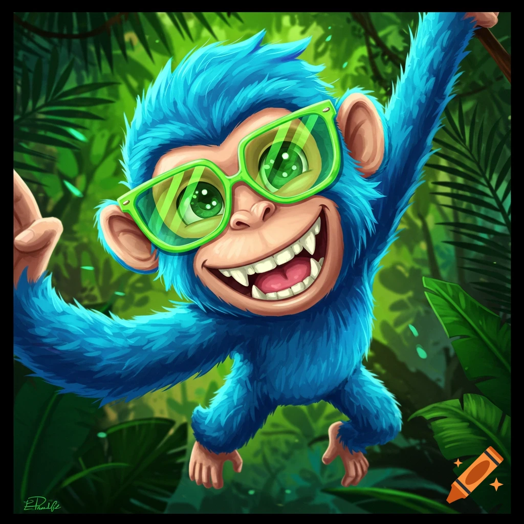 A blue cartoon monkey with green sunglasses swings through a jungle with a big smile.