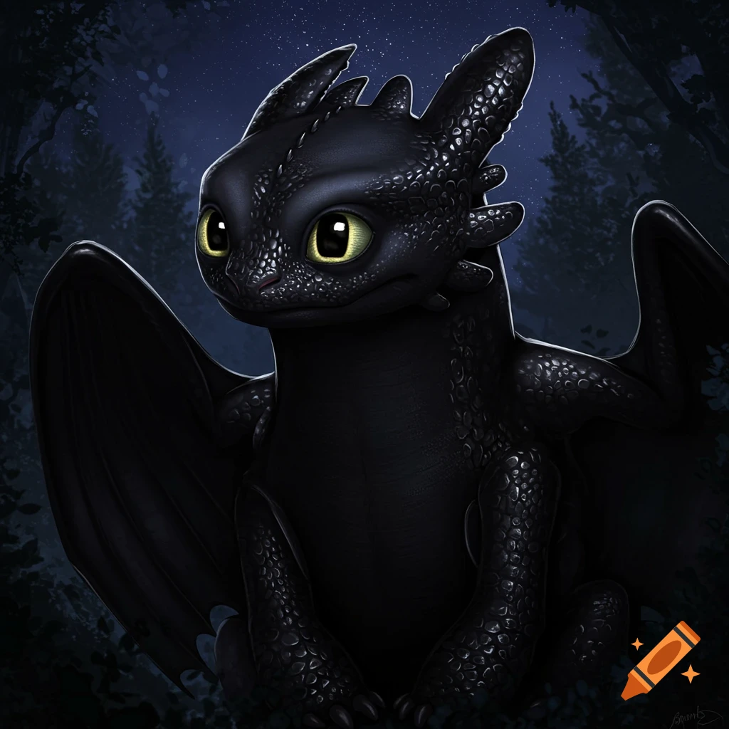 Toothless the Night Fury sitting in a dark forest at night.