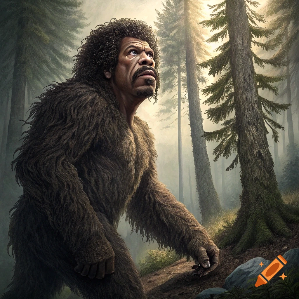 A creature resembling Bigfoot with the face of Lionel Richie walks through a forest.