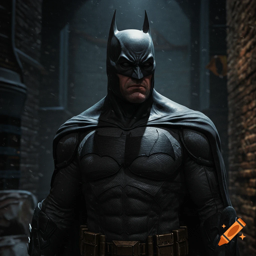 Photorealistic image of Batman standing in a dark alley