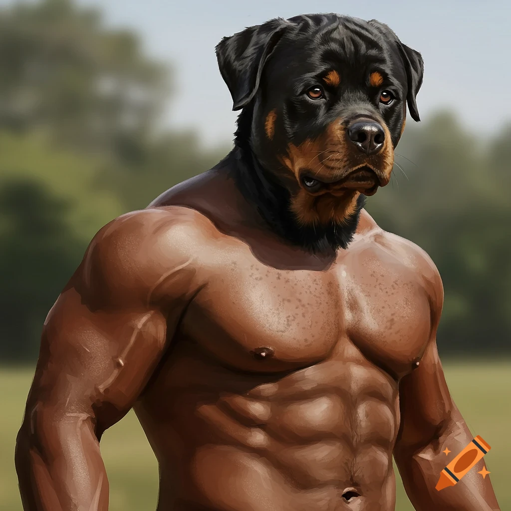 A muscular human torso with a Rottweiler dog head.