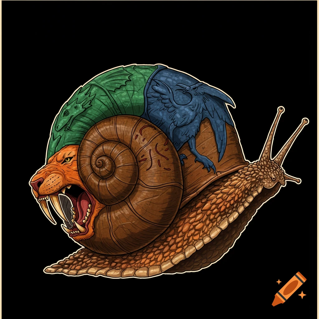 2D illustration of a snail with a shell made of a roaring lion head, a blue winged creature, and green scales.