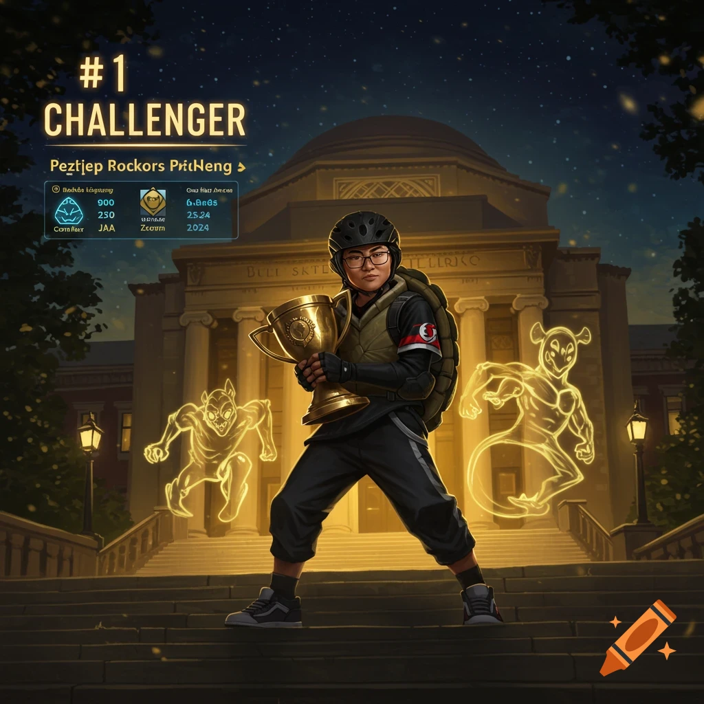 A determined gamer holds an esports trophy on steps at night, with glowing figures, a building, and '#1 CHALLENGER' text.