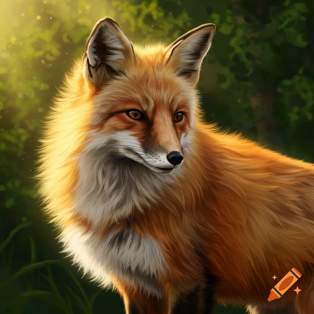 A red fox bathed in sunlight in a forest.