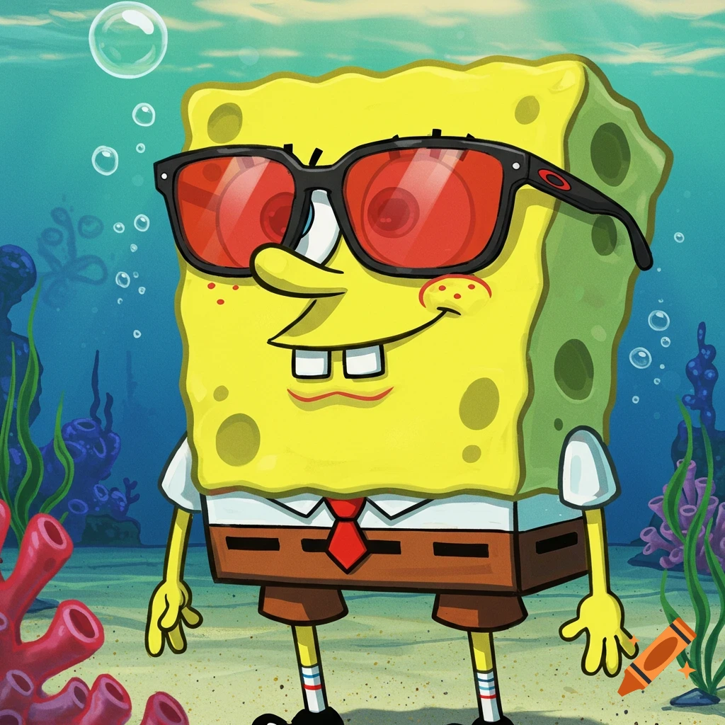 SpongeBob SquarePants wearing sunglasses underwater.