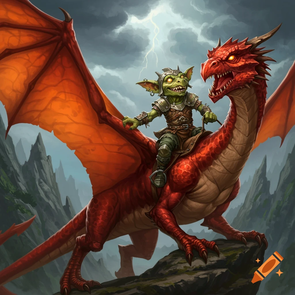 A green goblin is riding a red dragon atop a rock. Lightning is striking in the stormy sky above mountains.