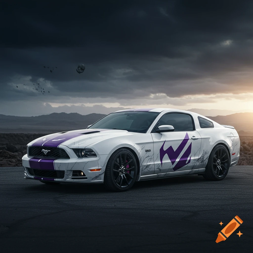 A white Ford Mustang with purple stripes and a purple logo on the side sits on a road under dramatic clouds.