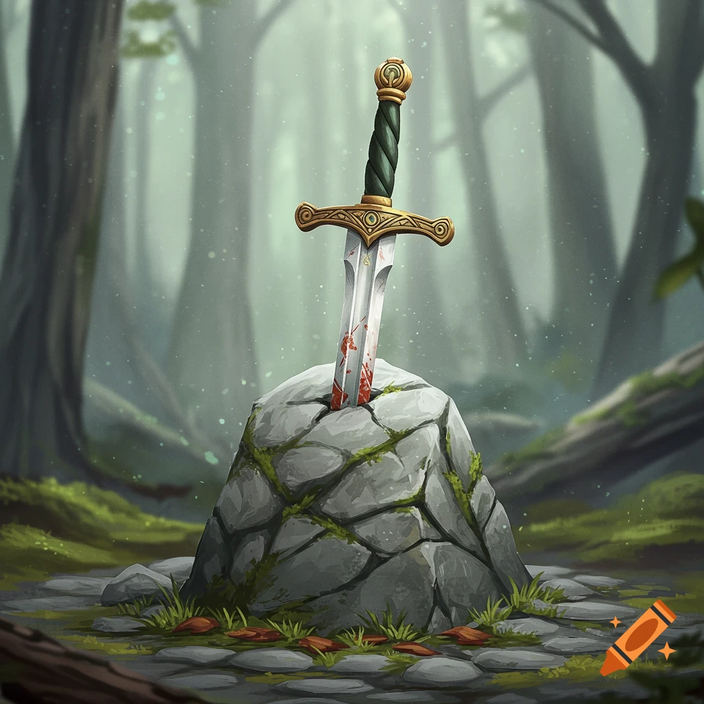 A sword is stuck in a mossy rock in a forest.