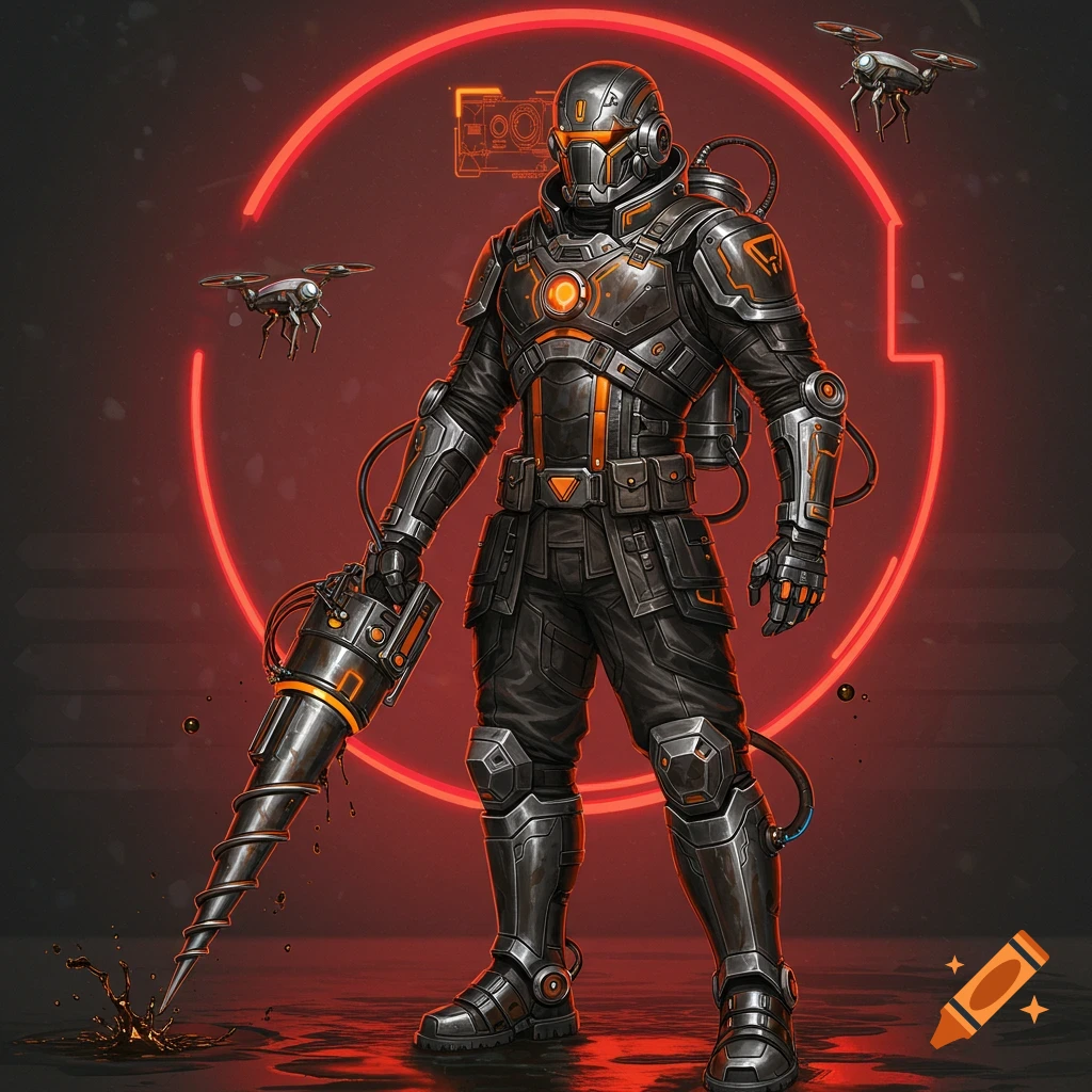 A high-tech character in a dark armored suit with orange glowing elements, holding a large drill arm, surrounded by drones in a neon-lit industrial area.