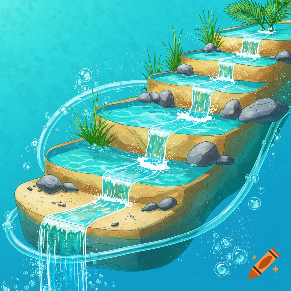 Illustration of a multi-level stepped waterfall with rocks, grass, and bubbles.