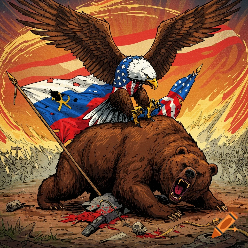 Comic art of a US eagle standing triumphantly on a defeated Russian bear in a battle scene.