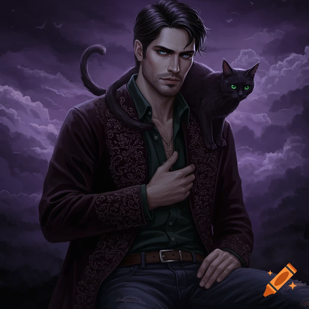 Painting of a man with a black cat on his shoulder against a dark sky.