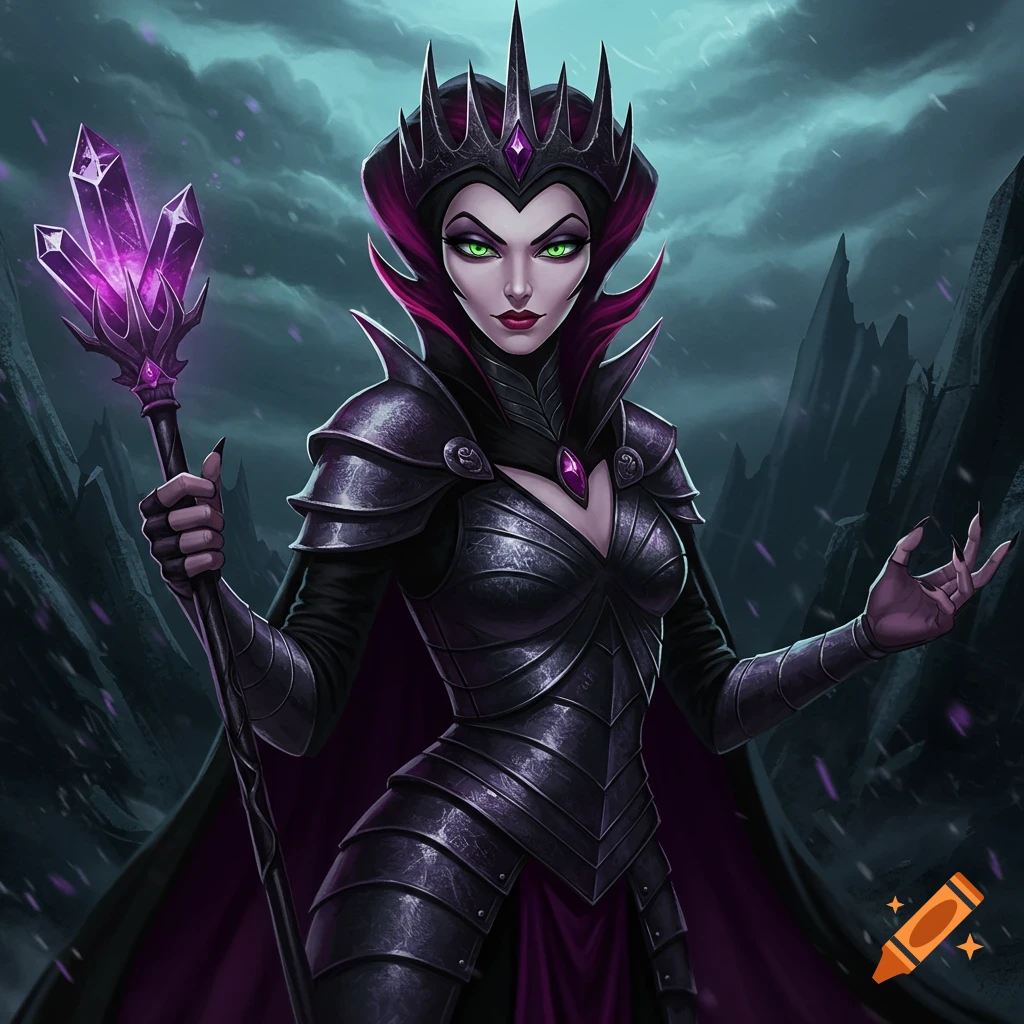 A villainous queen in black armor, holding a staff with purple crystals in a dark landscape.