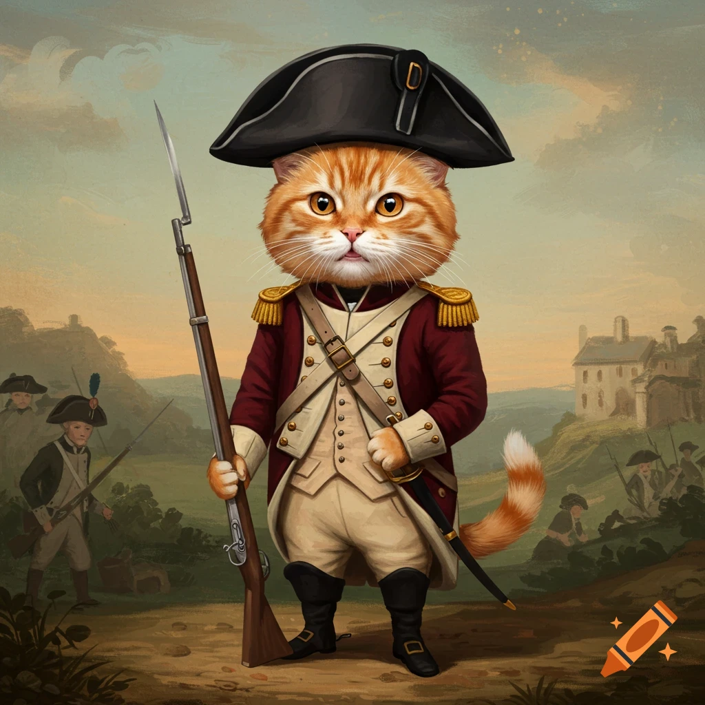 A cat dressed as a revolutionary soldier holds a rifle in a battle scene.