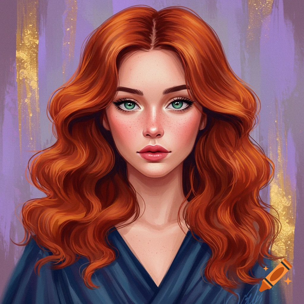 A portrait of a woman with long wavy red hair and green eyes.