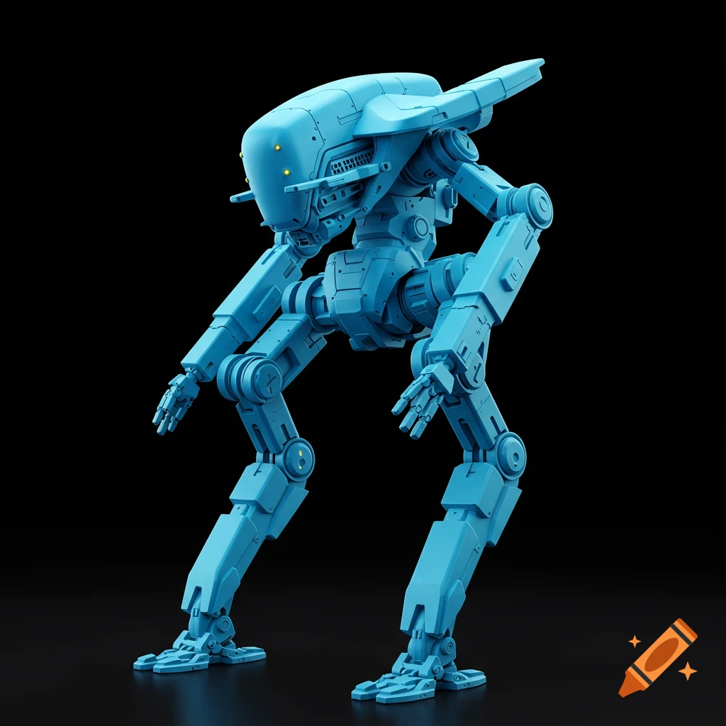 A light blue robot with omni-directional joints stands on a black background.