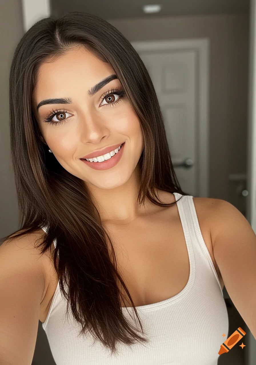 Close-up selfie of a beautiful woman with brown hair and eyes smiling