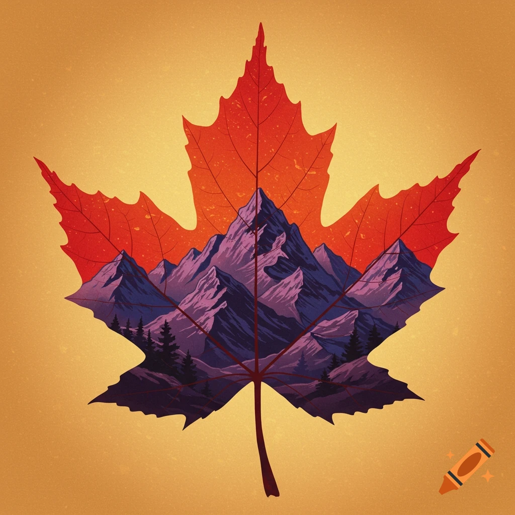Mountains and trees are depicted inside a red maple leaf on an orange background.