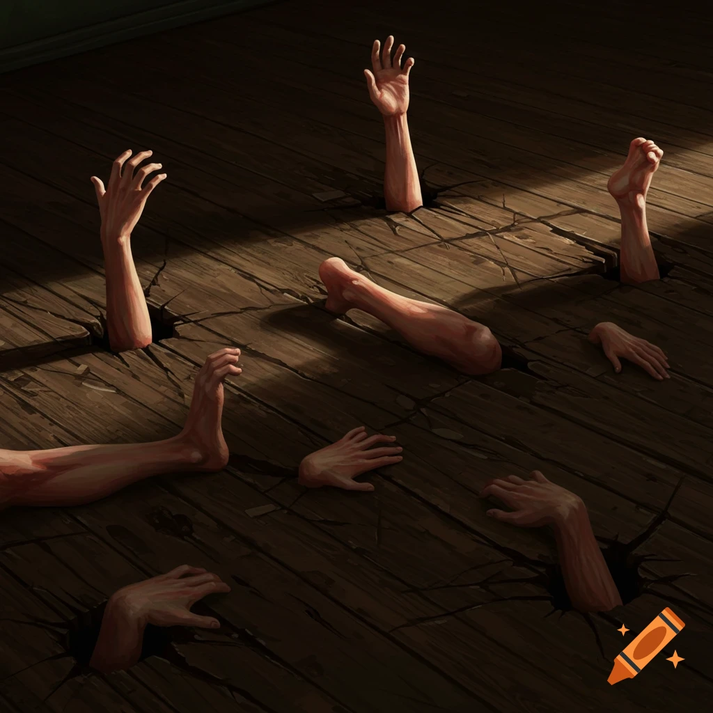 Human limbs and hands emerging from cracked wooden floorboards.