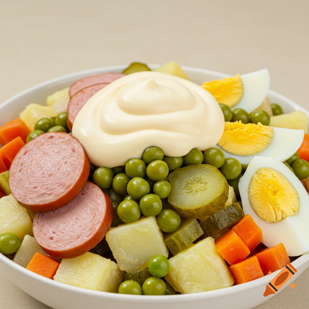 A bowl of Olivier salad with mayonnaise, sausage, peas, potatoes, carrots, and eggs.