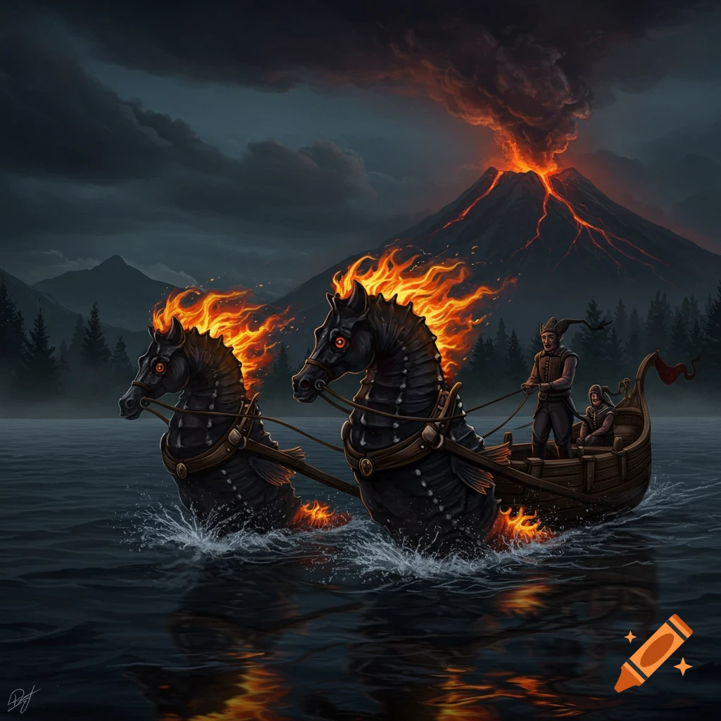 Two black seahorses with fiery manes pulling a wooden boat on a dark lake near a erupting volcano.