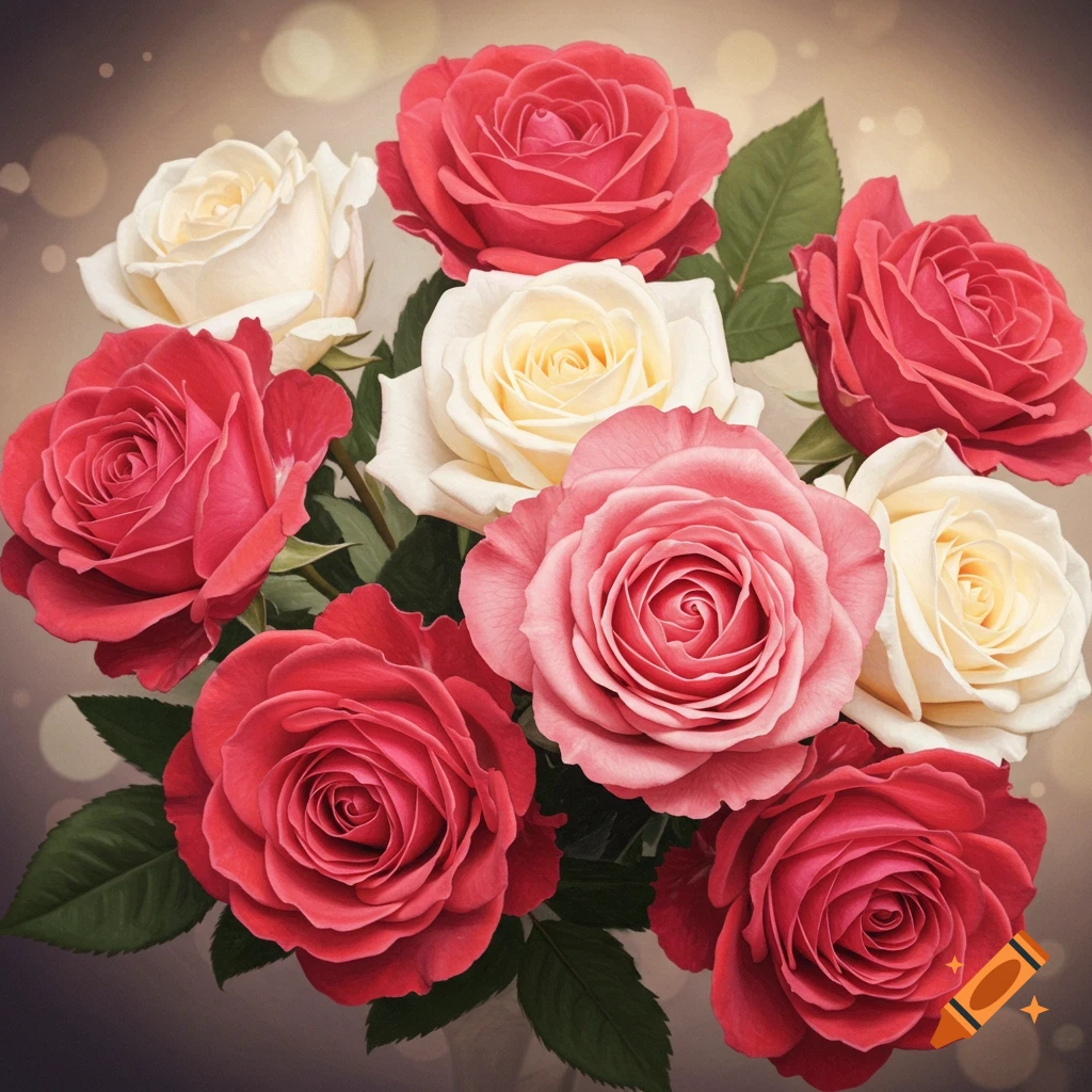 A bouquet of red, pink, and white roses.