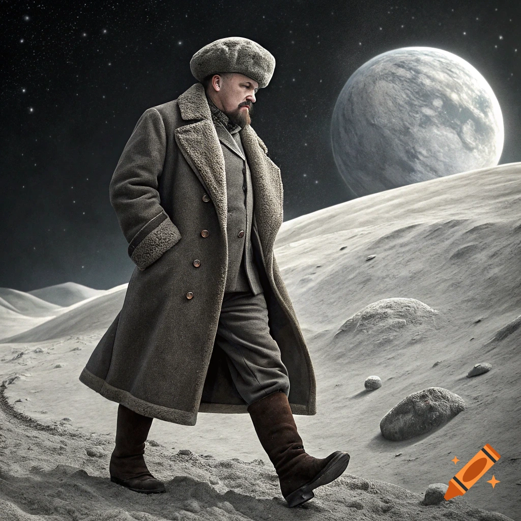 Vladimir Lenin walks on the moon with a large planet in the dark sky.