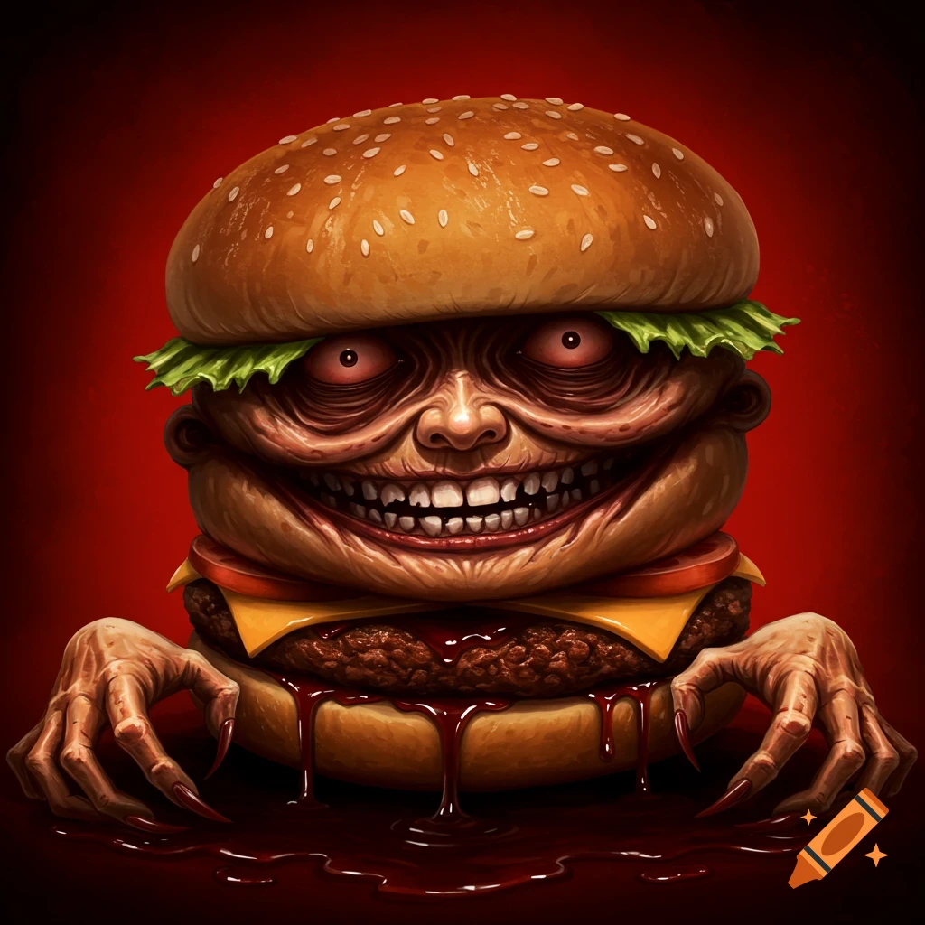 An evil burger with a face, creepy hands, and dripping red sauce.