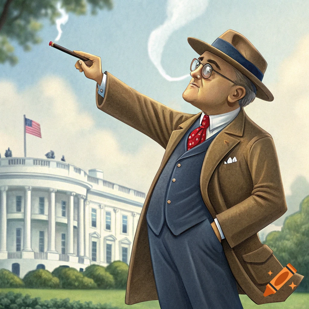 Stylized illustration of Franklin D. Roosevelt pointing, smoking a cigar, with the White House in the background.
