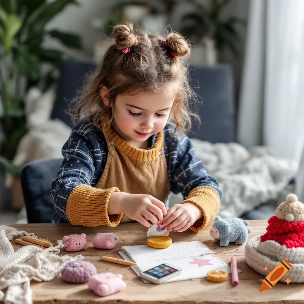 Young girl sits at a wooden table doing a craft project with plush toys and supplies.