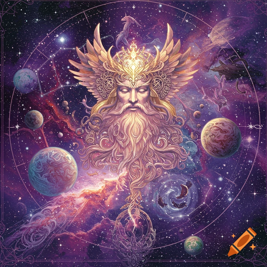 A celestial figure with a beard and wings is shown in a cosmic setting with planets and stars.