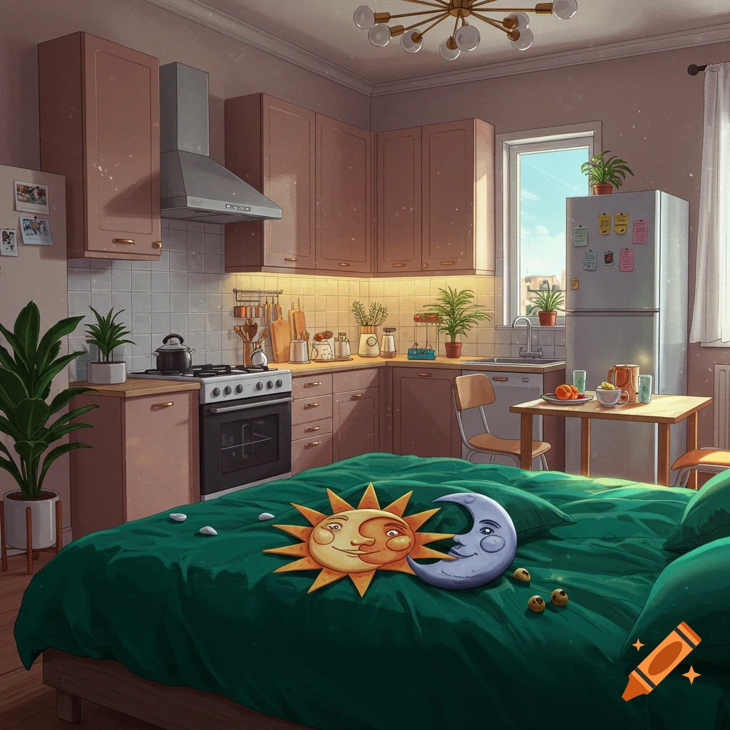 A room combining a kitchen and bedroom, featuring an emerald green bed with sun and moon plushies.
