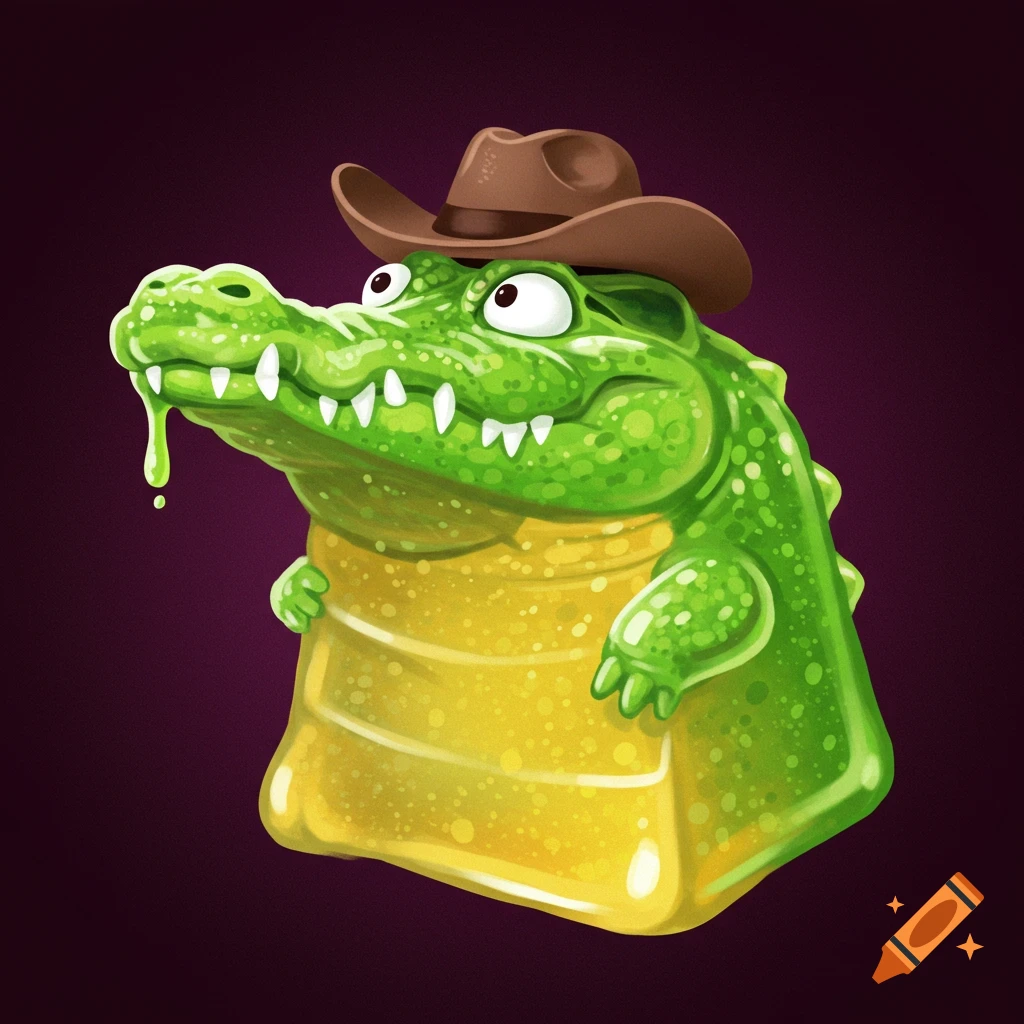 A cartoon gummy crocodile wearing a cowboy hat, digital illustration.