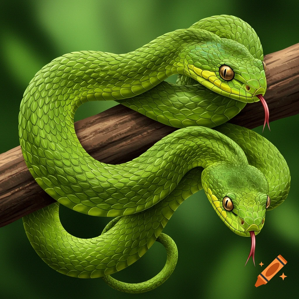 Two green snakes are coiled on a branch.