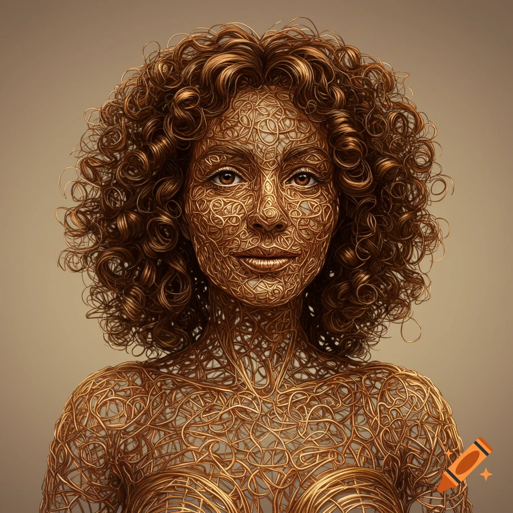 A portrait of a woman made from intricate golden wire with curly brown hair, digital art.