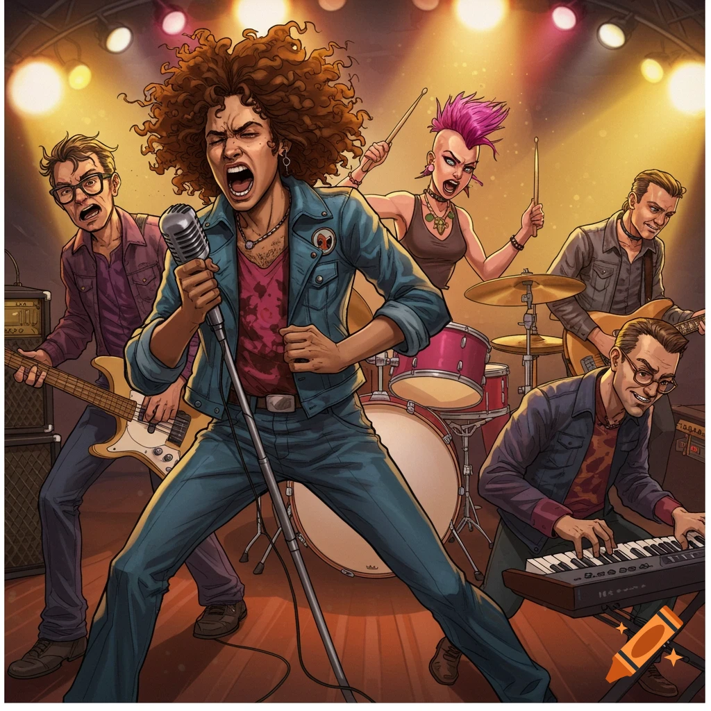 Image of a five-member rock band playing on stage.